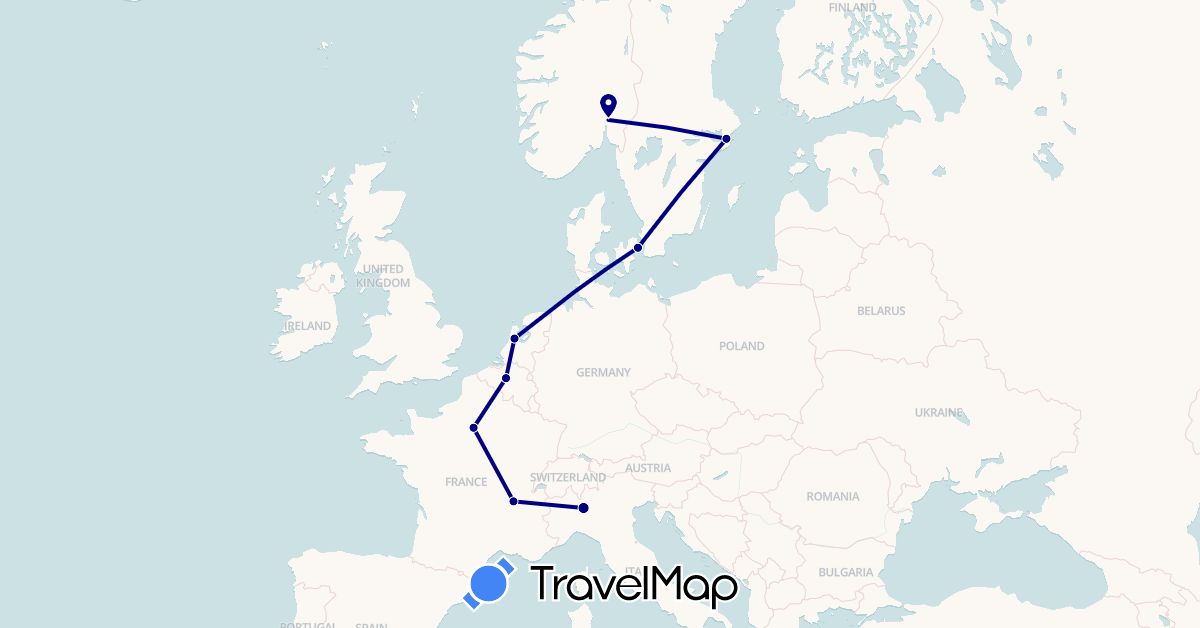 TravelMap itinerary: driving in Belgium, Denmark, France, Italy, Netherlands, Norway, Sweden (Europe)